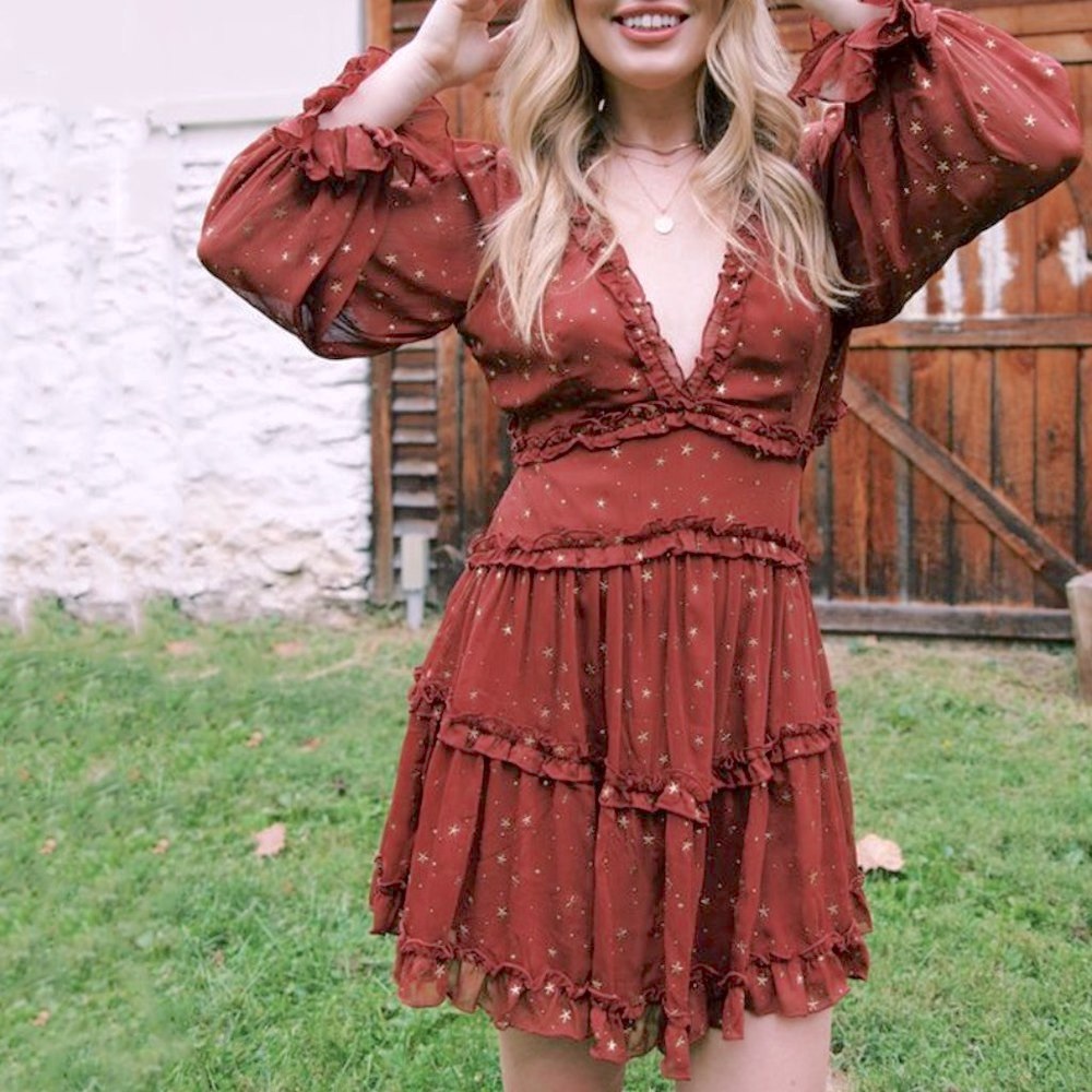 Burnt Orange Billow Sleeve Chiffon Dress boutique - Picture 2 of 10